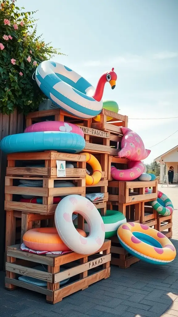 19 Creative Pool Float Storage Ideas You'll Love 9 Colorful pool floats stored in repurposed wooden crates