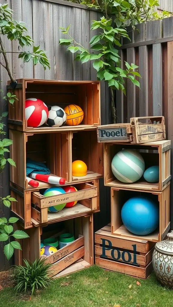 15 Creative Pool Toy Storage Ideas to Keep Your Backyard Organized 5 Wooden crates stacked to store colorful pool toys in a backyard setting