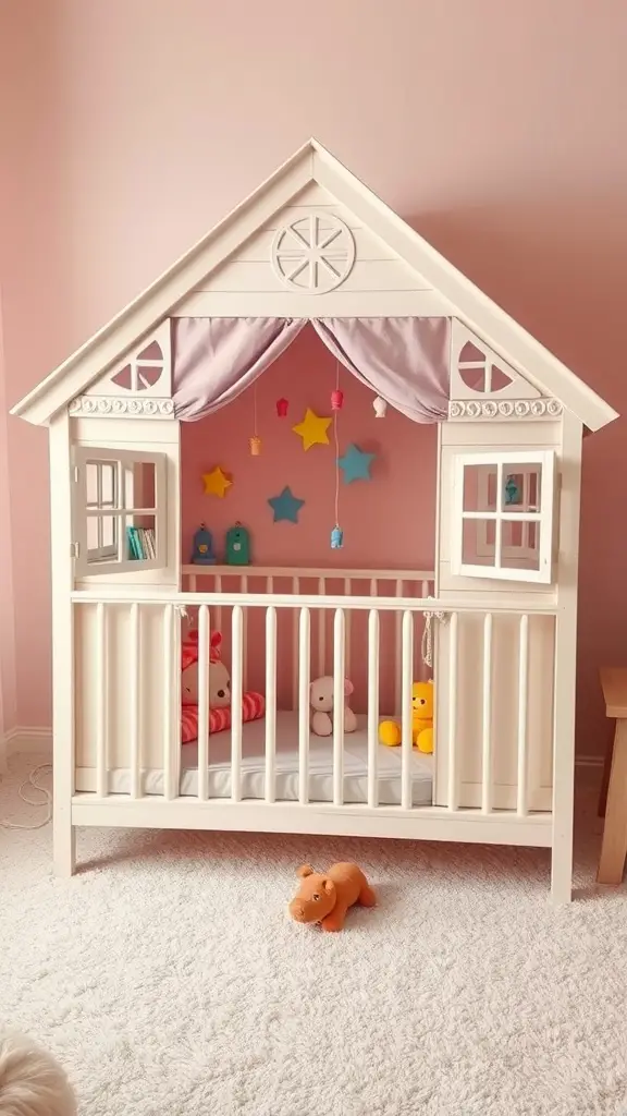 25 Adorable DIY Kids Playhouse Ideas for Endless Fun 4 A repurposed crib playhouse with curtains and colorful decorations, designed for kids to play in.