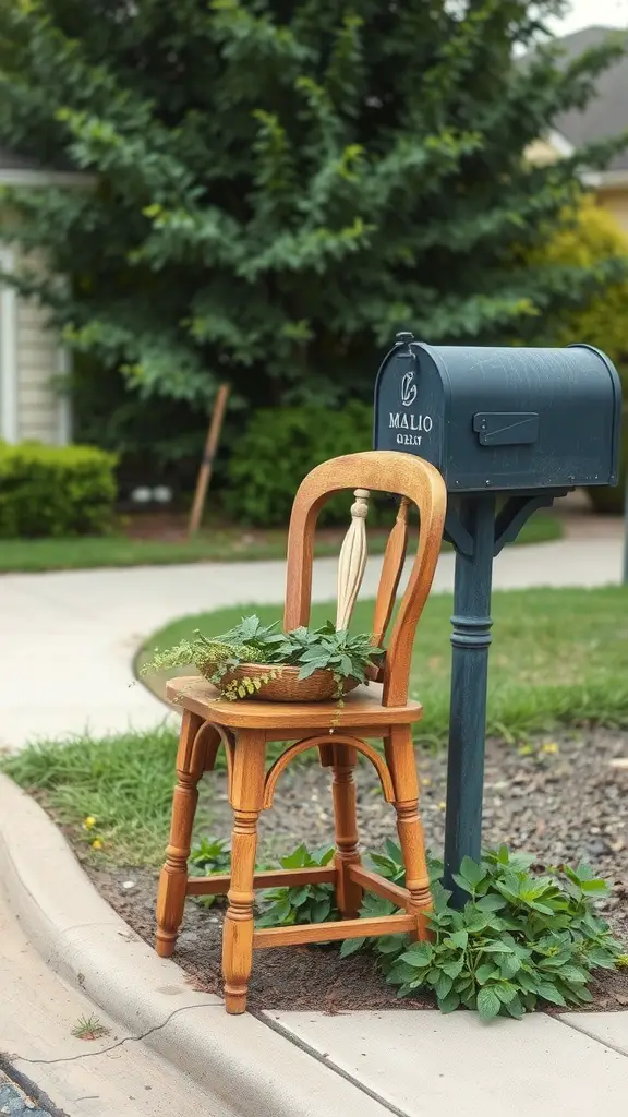 17 Creative Mailbox Landscaping Ideas You’ll Love 15 A wooden chair used as a planter beside a mailbox, featuring greenery and a decorative touch.