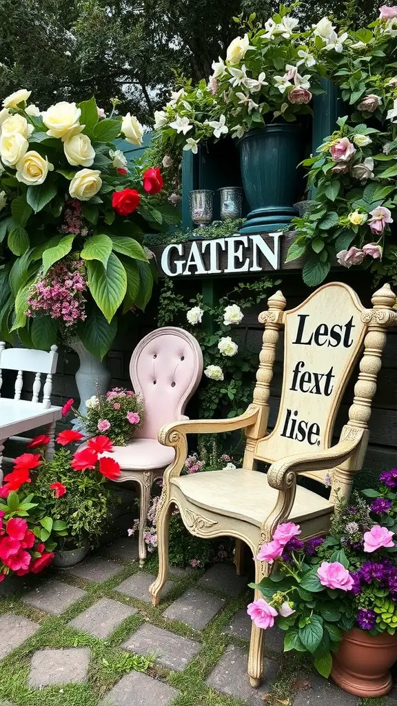 Two repurposed chairs in a garden surrounded by colorful flowers.