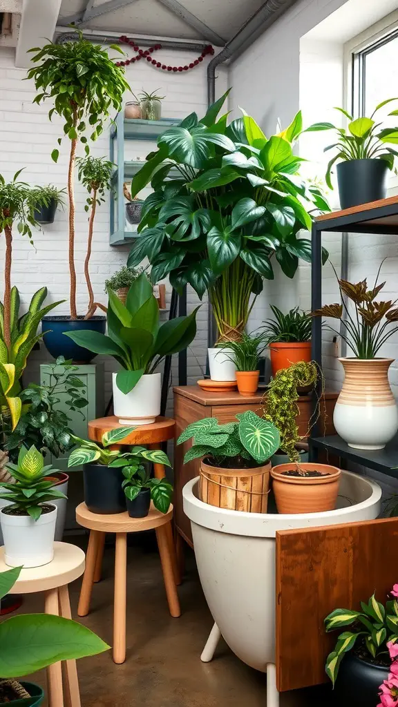 A cozy basement plant room filled with various plants displayed on repurposed furniture, including stools and cabinets.