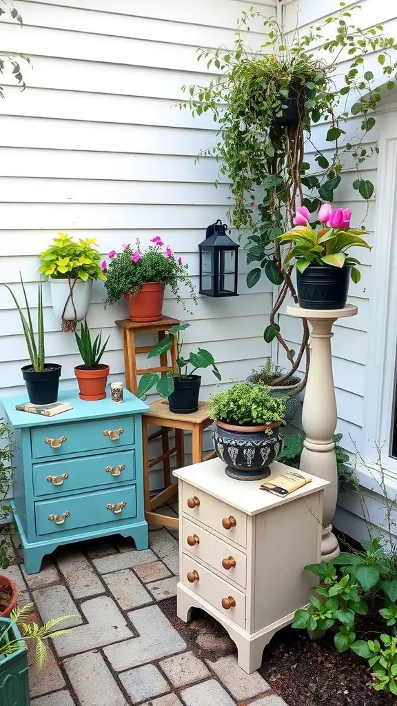 An outdoor space featuring repurposed furniture as plant stands, including blue and white dressers with various plants.