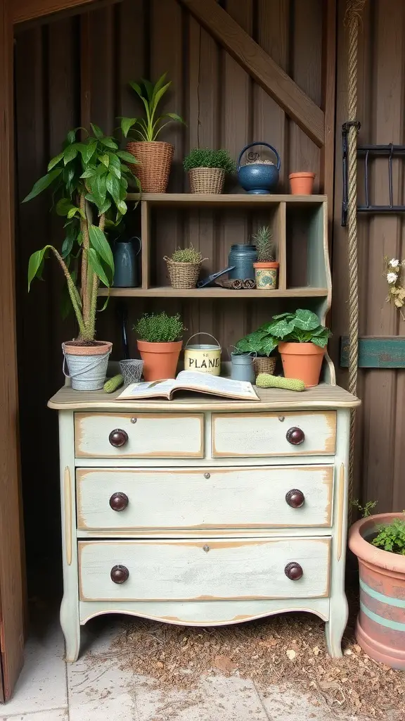 23 Genius Shed Organization Tips for Small Spaces 9 A vintage dresser with potted plants and gardening tools in a shed