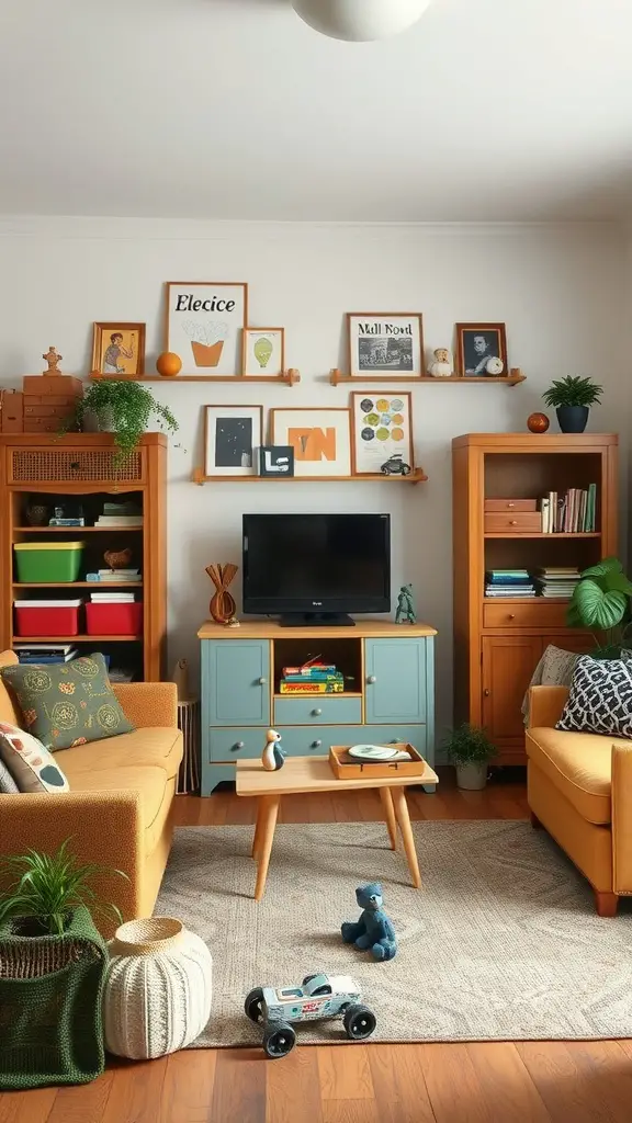 25 Creative Living Room Toy Storage Ideas for a Clutter-Free Space 9 A living room with repurposed furniture for toy storage, featuring colorful bins and a multifunctional coffee table.