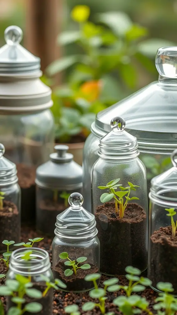 21 Creative Mini Greenhouse Ideas to Maximize Your Gardening Space 10 A collection of glass jars used as mini greenhouses with seedlings inside