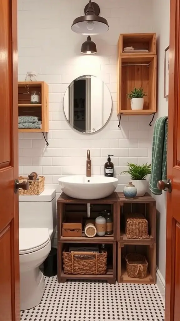 Cozy small bathroom with repurposed wooden storage crates and plants