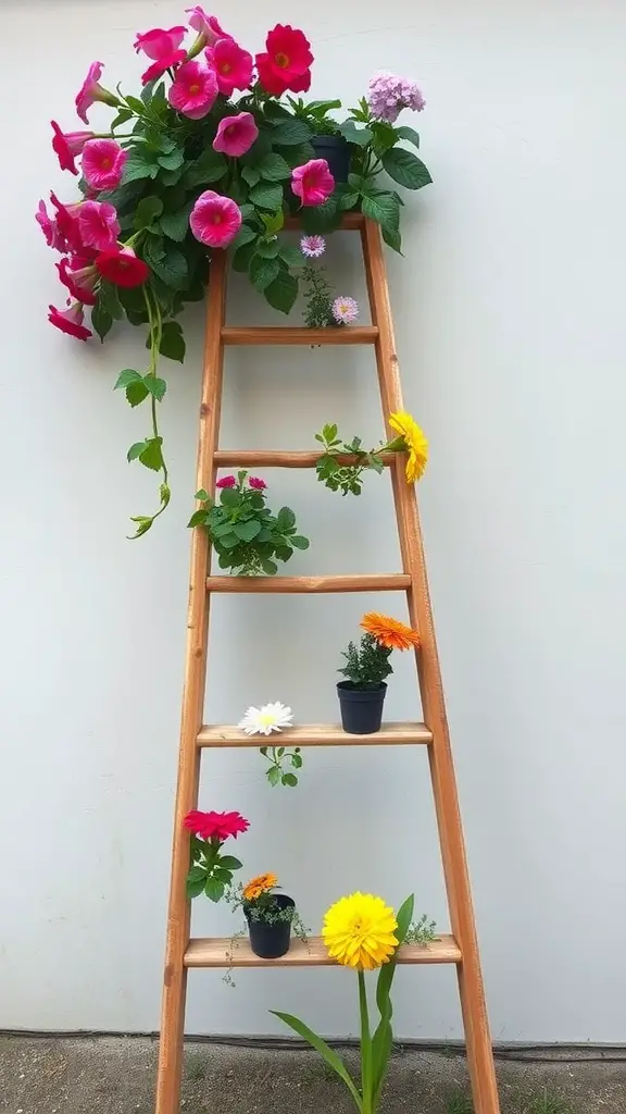 17 Creative Hanging Garden Ideas for Your Home and Balcony 4 A wooden ladder with various colorful flowers planted in pots on each step.