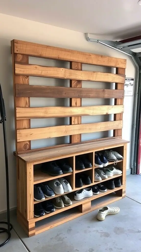 Repurposed pallet shoe storage unit with a rustic design, featuring a tall back and cubbies for shoes.