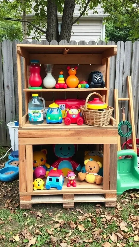23 Creative Outdoor Toy Storage Ideas for a Clutter-Free Yard 9 A wooden pallet storage unit with colorful toys displayed on shelves in an outdoor setting.