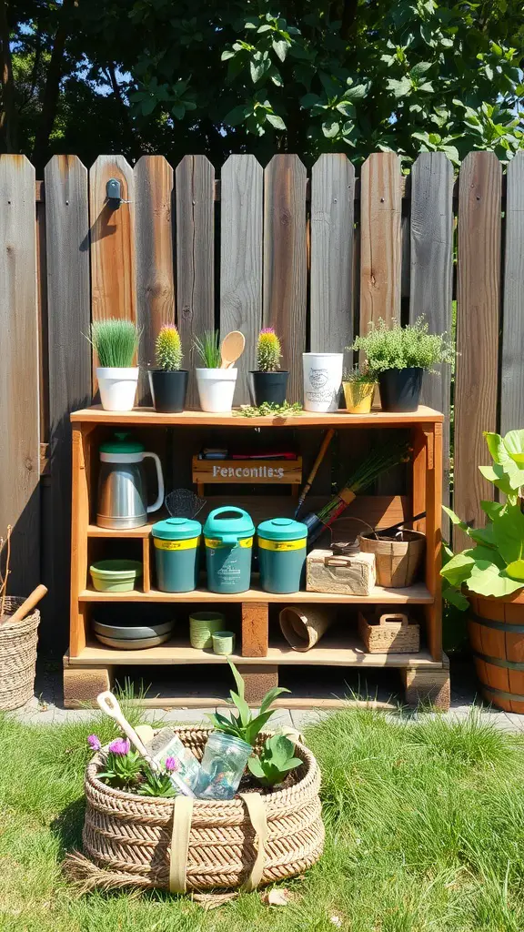 25 Clever Outdoor Storage Ideas to Maximize Space 5 A repurposed pallet storage shelf filled with plants and gardening tools in an outdoor setting.