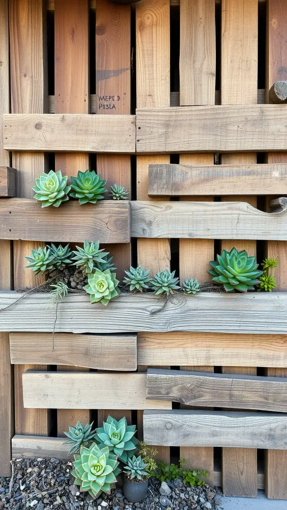 21 Stunning Indoor Plant Wall Designs Featuring Succulents 10 A wooden pallet wall with various succulents inserted in the spaces.