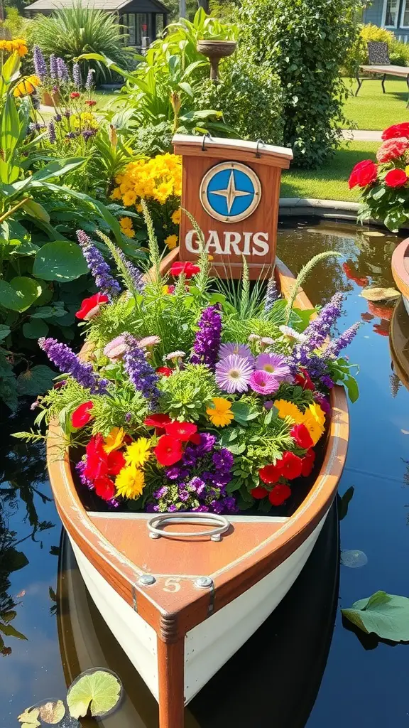 21 Creative Garden Ideas Using Used Boats 8 A colorful rowboat filled with flowers floating on water.