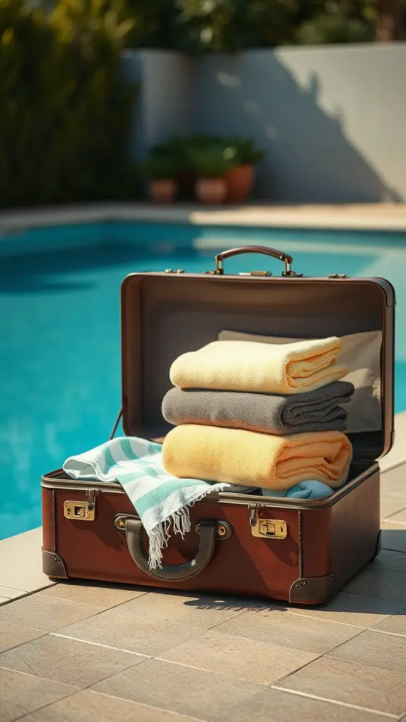27 Creative Pool Towel Storage Solutions You Need to Try 7 A vintage suitcase opened with neatly folded towels near a swimming pool.