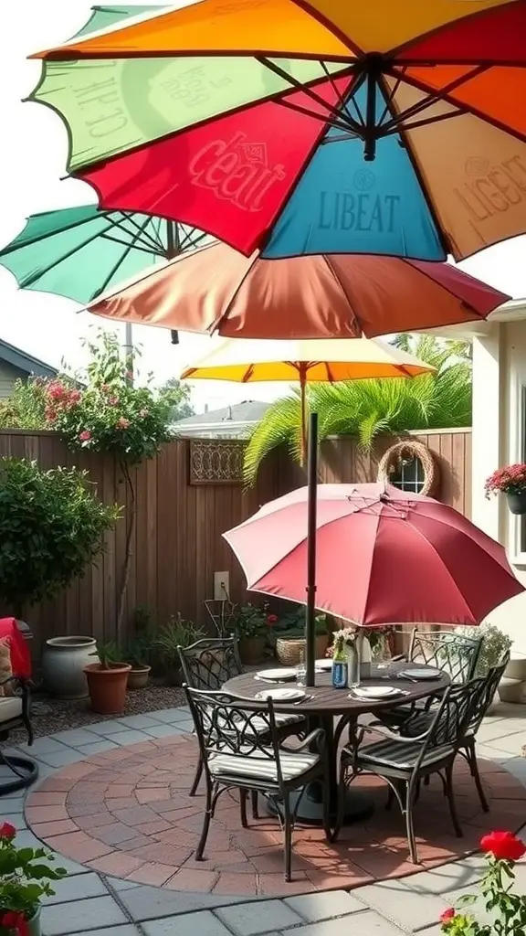 A backyard with colorful repurposed umbrellas providing shade over a dining area with a table and chairs.