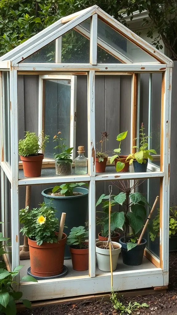 A repurposed window greenhouse filled with various potted plants.