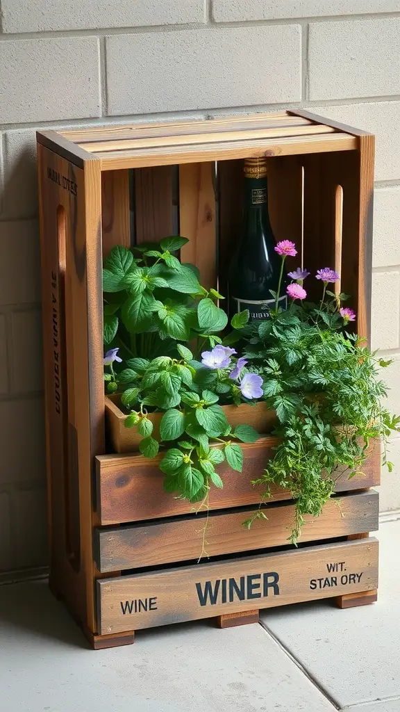 A rustic wine crate displaying various plants, including flowers and greenery.