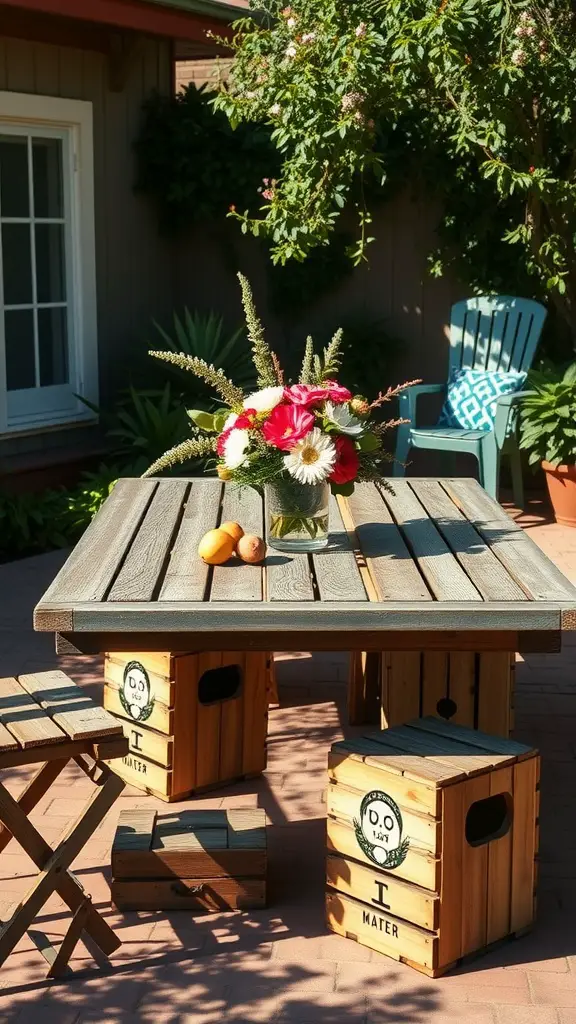 23 Affordable Backyard Patio Ideas to Transform Your Outdoor Space 4 A backyard patio with a repurposed wooden crate table, surrounded by greenery and a floral centerpiece.