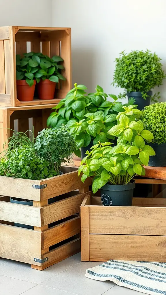 23 Creative Indoor Herb Garden Ideas to Freshen Up Your Space 6 Indoor herb garden with plants in wooden crates