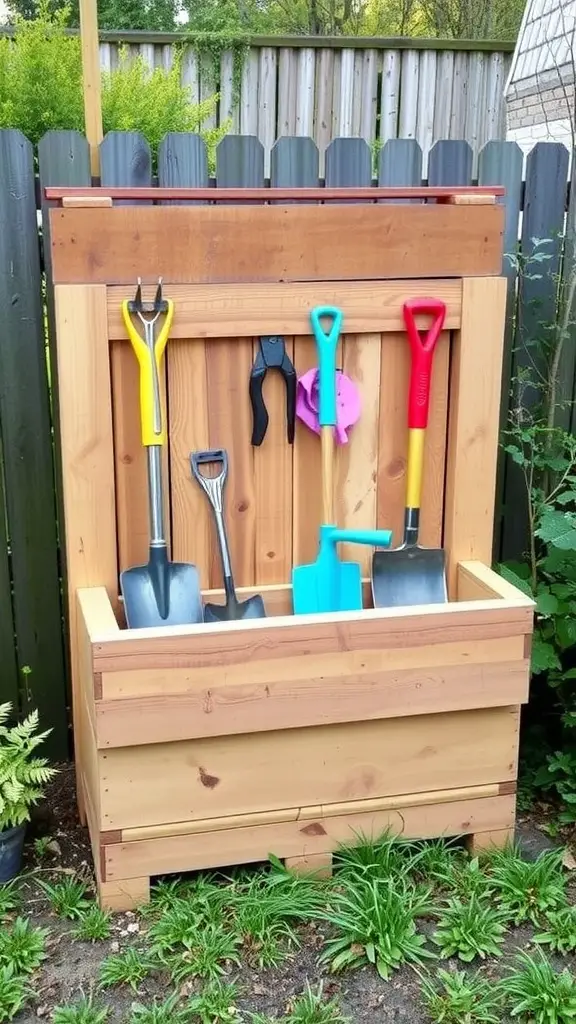Repurposed wooden pallet storage for garden tools with hooks and open storage space