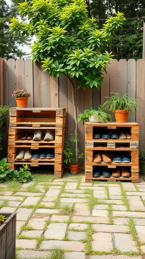 21 Creative Shoe Storage Ideas for Every Space 10 Two wooden pallet shoe racks in a garden setting with various shoes and potted plants.