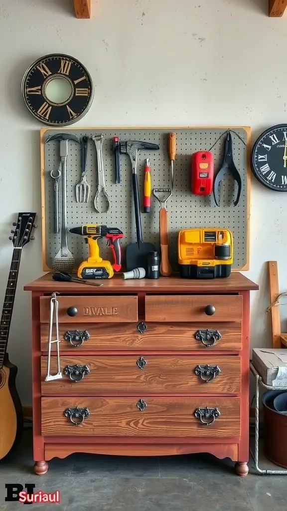 19 Essential Items for Perfect Garage Tool Organization 13 A repurposed wooden dresser used for tool storage with a pegboard above it displaying various hand tools.
