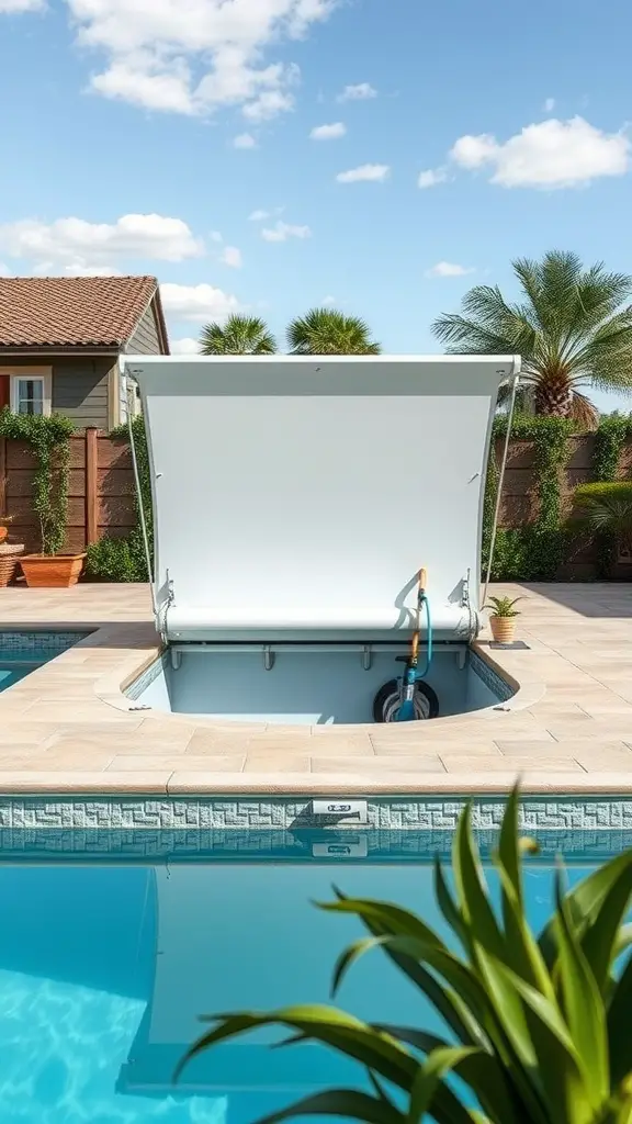 21 Creative Pool Storage Ideas You Need This Summer 15 A retractable pool cover that opens to reveal built-in storage for pool accessories.