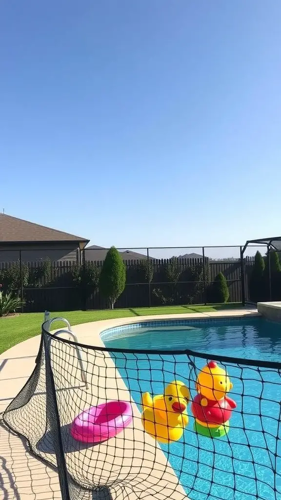 15 Creative Pool Toy Storage Ideas to Keep Your Backyard Organized 16 A retractable net holding colorful inflatable pool toys by the edge of a pool.