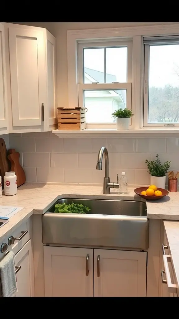 17 Genius Storage Solutions for Small Kitchens 16 A modern kitchen with a stainless steel sink and fresh greens inside, showcasing a bright atmosphere.