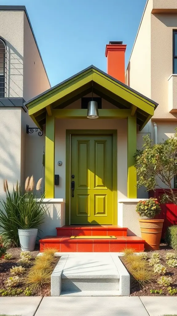 17 Stunning Green Front Door Ideas to Elevate Your Curb Appeal 14 A front door painted in rich avocado green with red tile steps and surrounding greenery.