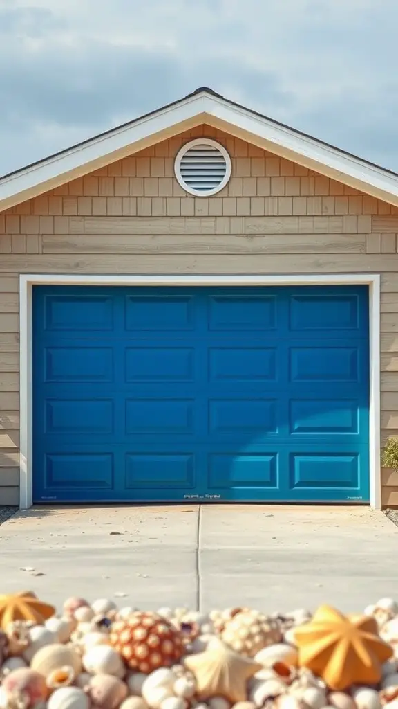 A garage door painted in rich blue, complementing a coastal-style home with seashell decorations in front.