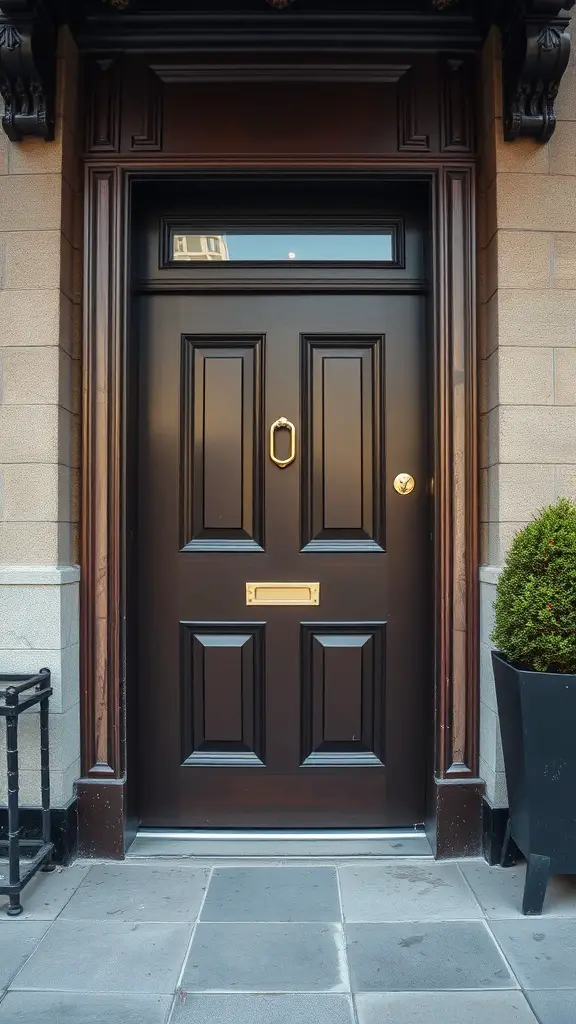A chocolate brown exterior door with elegant detailing