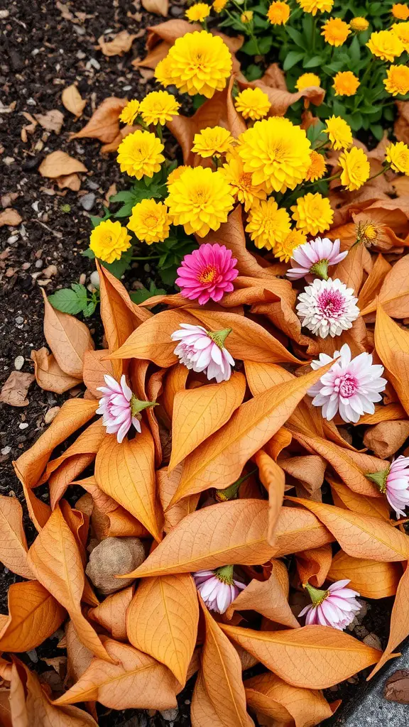 23 Stunning Fall Flower Garden Ideas to Transform Your Outdoor Space 14 A garden scene featuring vibrant yellow flowers with fallen orange leaves.