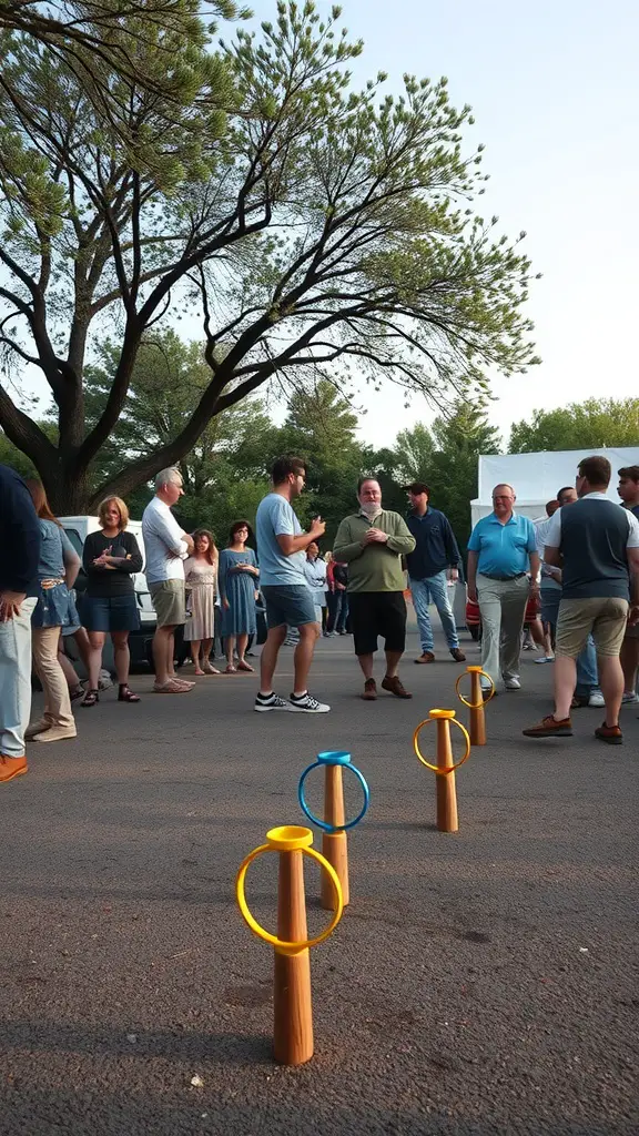 17 Fun Yard Games for Adults to Enjoy This Summer 15 A group of adults enjoying a game of ring toss with colorful rings and wooden pegs in a lively outdoor setting.