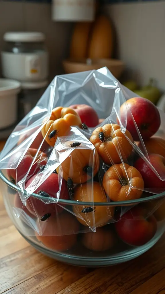 A bowl of ripe fruits covered in plastic wrap with fruit flies on it