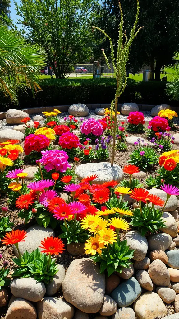 19 Creative River Rock Landscaping Ideas for Your Garden 6 A colorful flower bed bordered by smooth river rocks, showcasing vibrant blooms surrounded by natural stones.