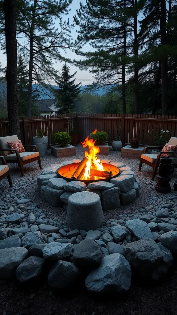 19 Creative River Rock Landscaping Ideas for Your Garden 9 A cozy fire pit surrounded by river rocks and comfortable seating in a natural outdoor setting.