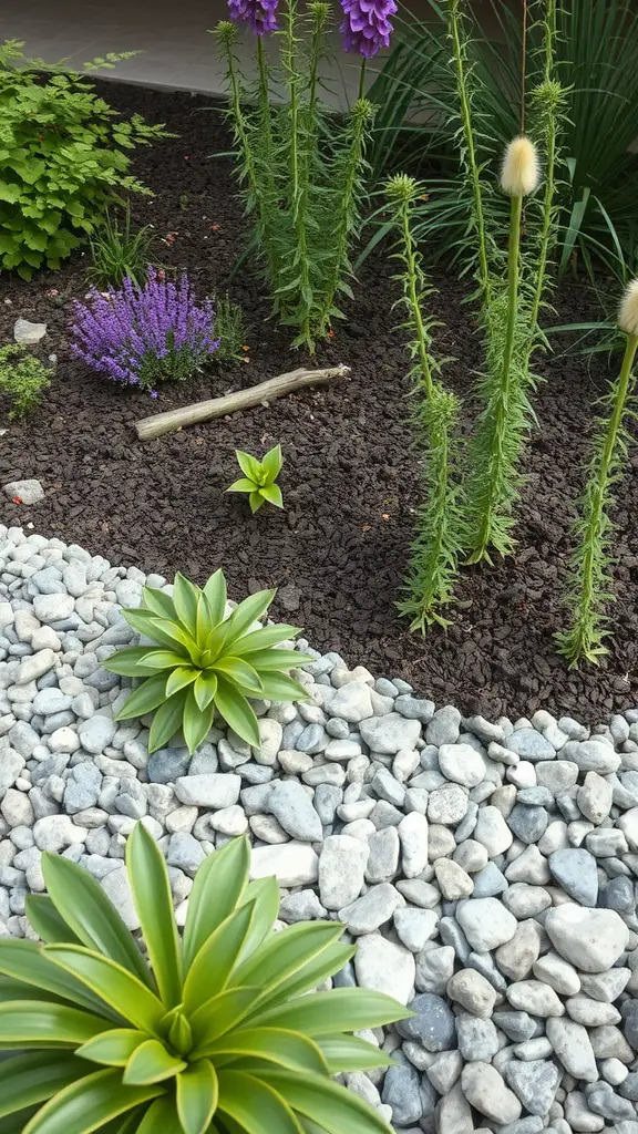 19 Creative River Rock Landscaping Ideas for Your Garden 13 A garden featuring river rock mulch, vibrant plants, and contrasting textures.