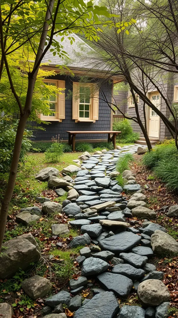 19 Creative River Rock Landscaping Ideas for Your Garden 12 A winding river rock path leading to a house, surrounded by greenery and trees.