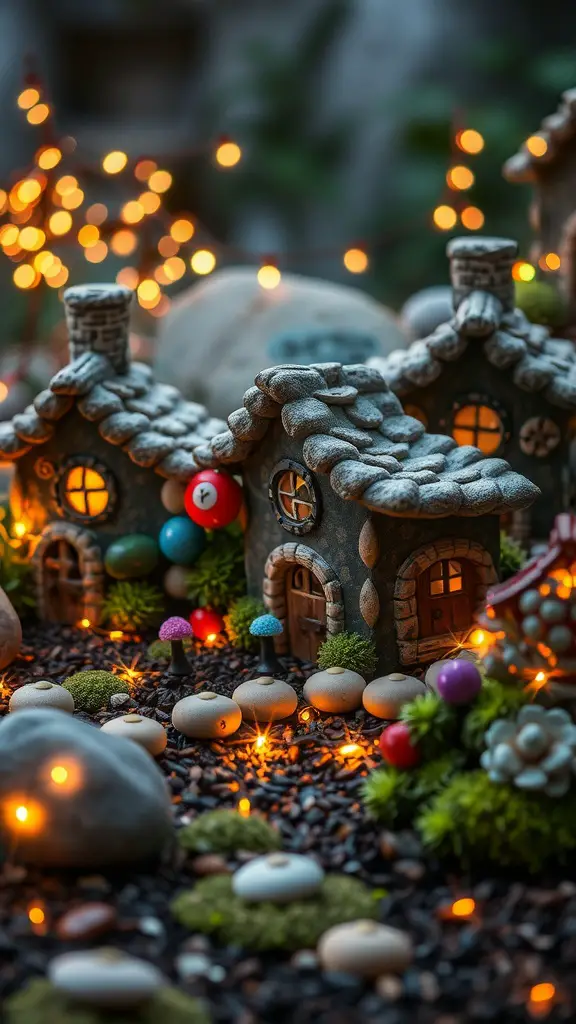 23 Creative Garden Rock Art Ideas to Brighten Your Outdoor Space 11 Colorful rock art fairy houses illuminated with lights in a garden setting.