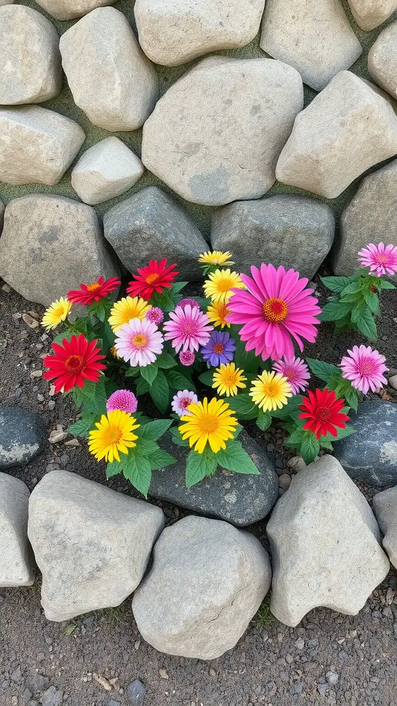 19 Stunning Rock Garden Landscaping Ideas to Transform Your Outdoor Space 5 Colorful flowers surrounded by a rock border