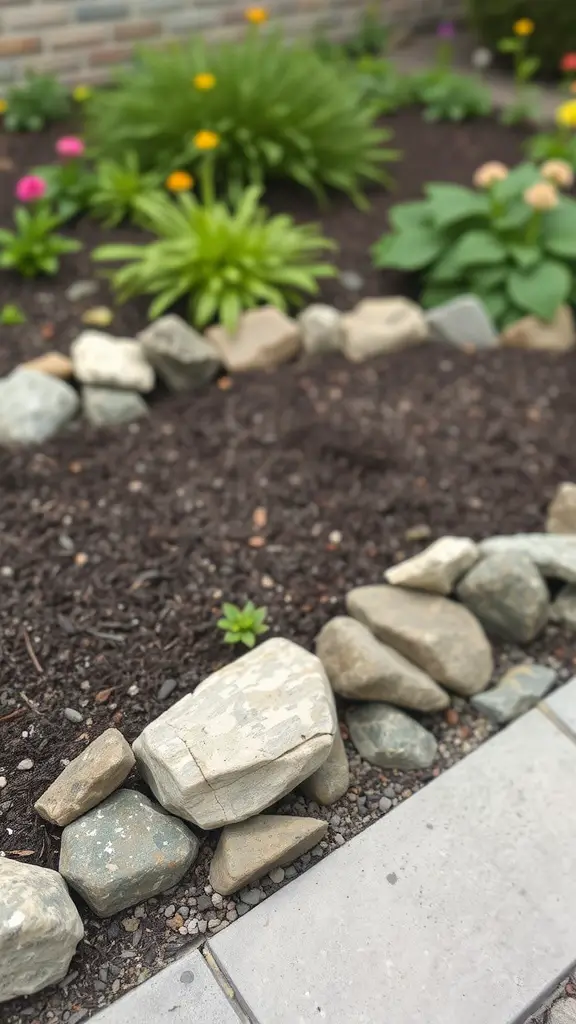 23 Creative Garden Rock Art Ideas to Brighten Your Outdoor Space 16 A garden border made of various stones surrounding a flower bed with vibrant plants.
