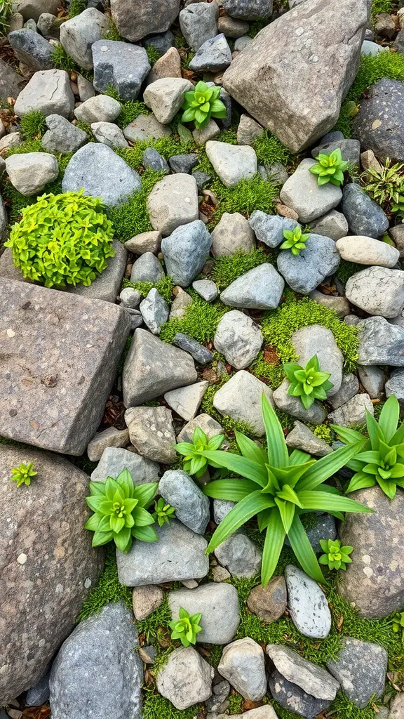 19 Inspiring Rock Garden Ideas for Your Outdoor Space 15 A rock garden featuring various stones and green ground cover plants.
