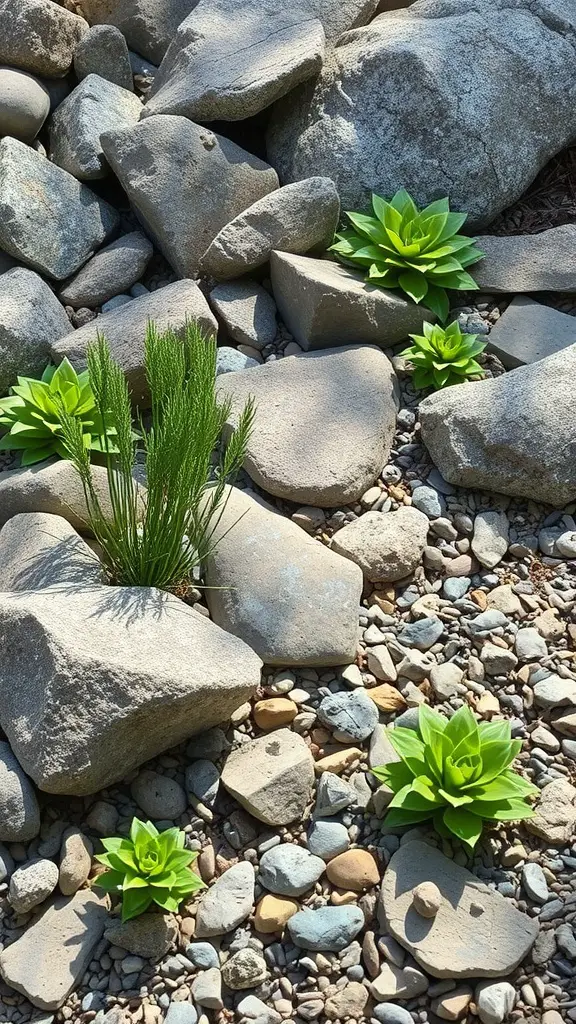 A rock garden featuring various sizes of stones with green succulents growing among them.