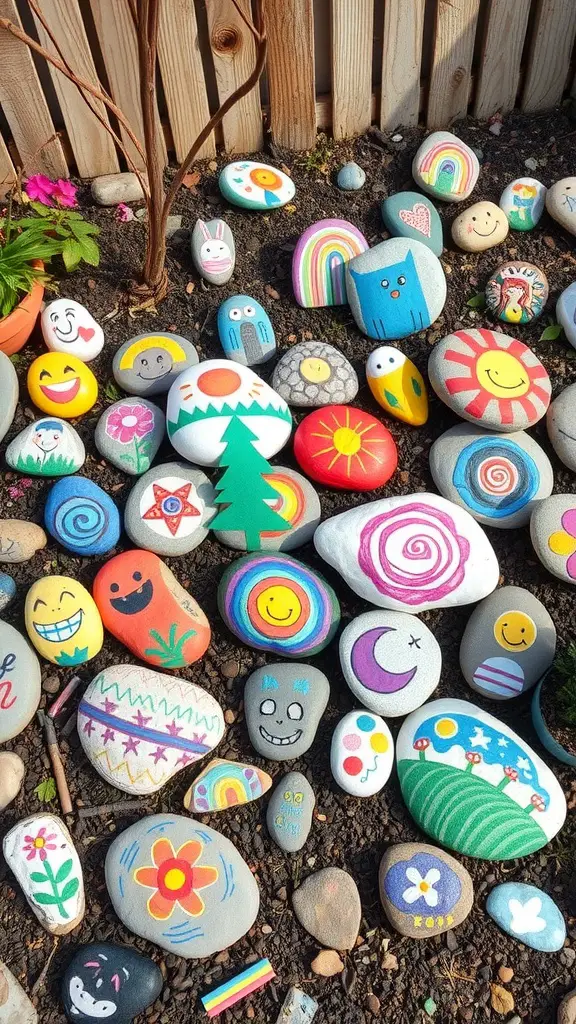 23 Creative Garden Rock Art Ideas to Brighten Your Outdoor Space 7 A collection of colorful, hand-painted rocks in a garden setting.