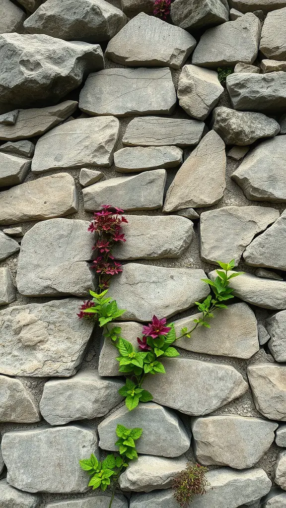 19 Stunning Rock Garden Landscaping Ideas to Transform Your Outdoor Space 14 A stone wall with climbing plants and flowers, showcasing a blend of natural stone and greenery.