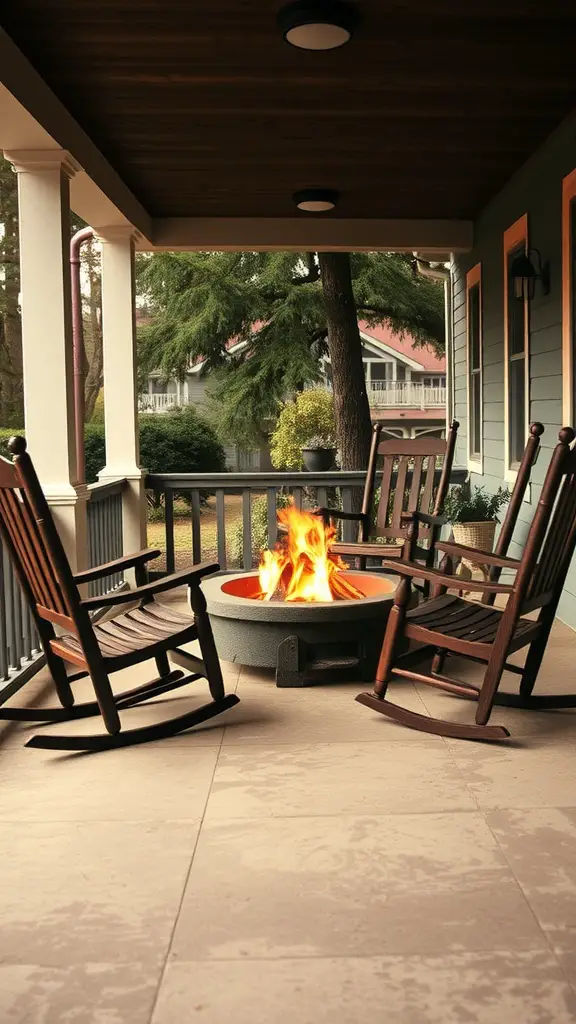 19 Stylish Outdoor Fire Pit Seating Ideas for Cozy Gatherings 17 A cozy porch setting with rocking chairs around a fire pit, surrounded by greenery.