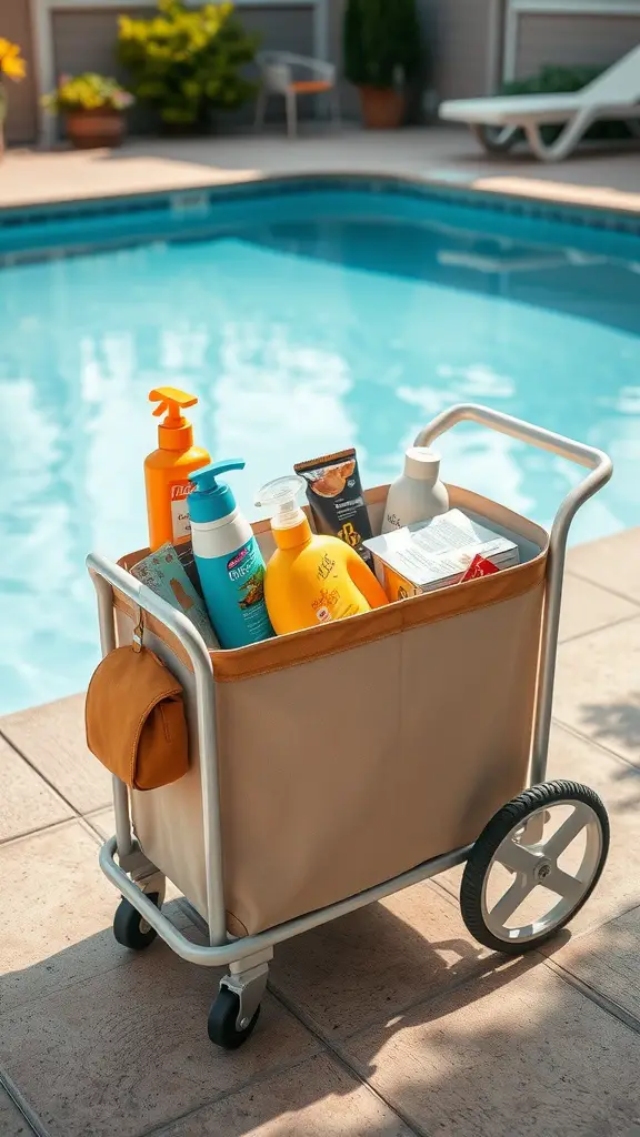 21 Creative Pool Storage Ideas You Need This Summer 10 A rolling cart filled with pool essentials, including sunscreen and snacks, placed near a pool.