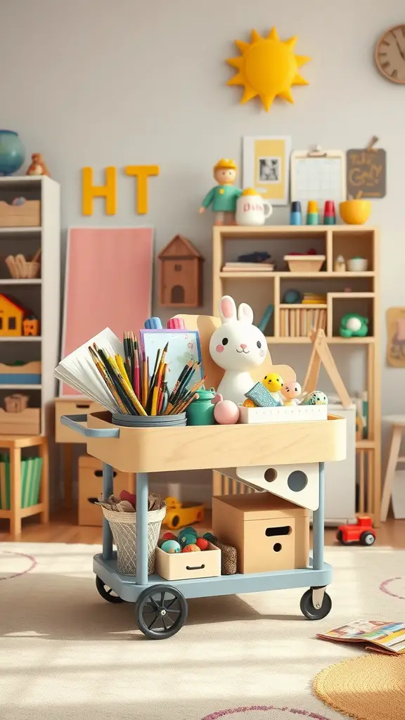 A colorful rolling cart filled with art supplies and toys in a bright playroom.