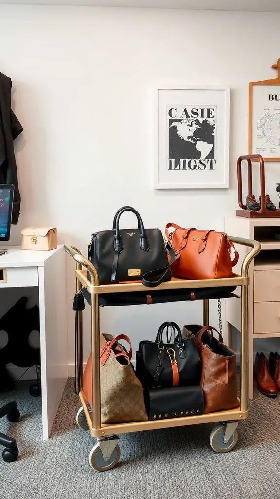 A gold rolling cart with several handbags displayed, set in a stylish room.